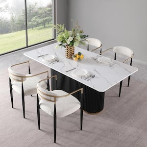 Modern 5-Piece Faux Marble Dining Table Top with Boucle Chairs in White Dining Room Set for Kitchen