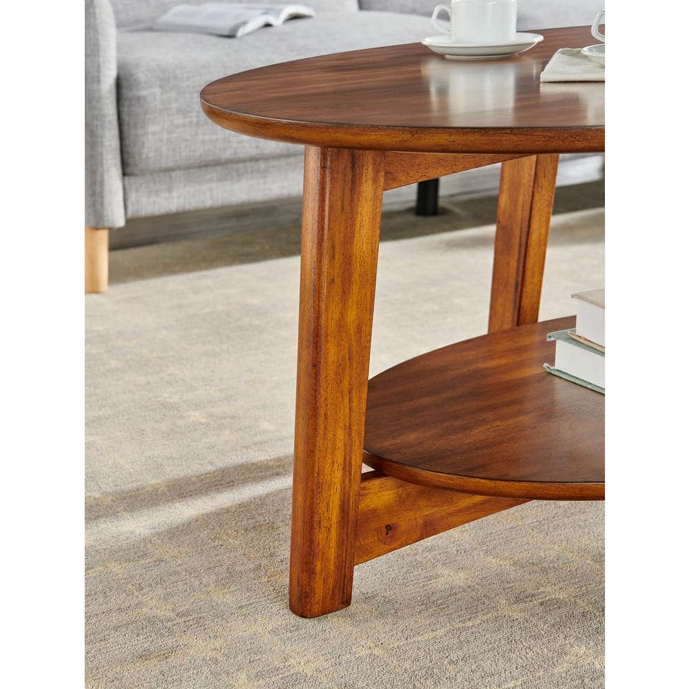 Elegant Oval Mid-Century Chestnut Wood Coffee Table with Floating Shelf