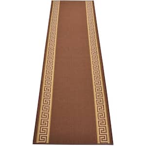 Meander Greek Key Design Cut to Size Brown Color 32'' Width x Your Choice Length Custom Size Slip Resistant Runner Rug