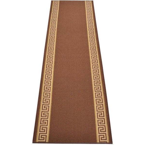 RugStylesOnline Meander Greek Key Brown 22 in. Width x 14 ft. Your Choice Length Slip-Resistant Stair Runner Rug