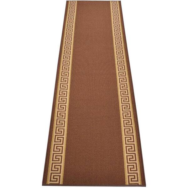 RugStylesOnline Meander Greek Key Brown 22 in. Width x 4 ft. Your Choice Length Slip-Resistant Stair Runner Rug
