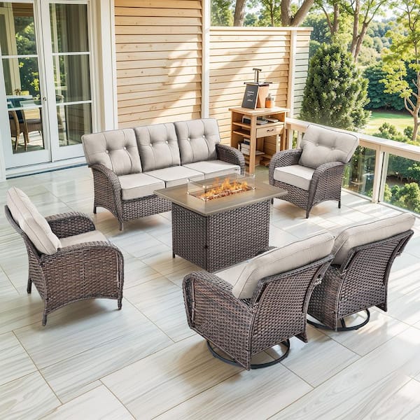 Brynn 6-Piece Brown Wicker Patio Fire Pit Conversation Seating Set with Swivel Rocking Lounge Chairs with Beige Cushions
