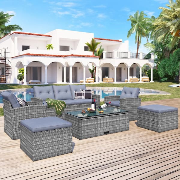 Gray 6-Piece Wicker Patio Conversation Set with with Tempered Glass Coffee Table and Gray Cushions