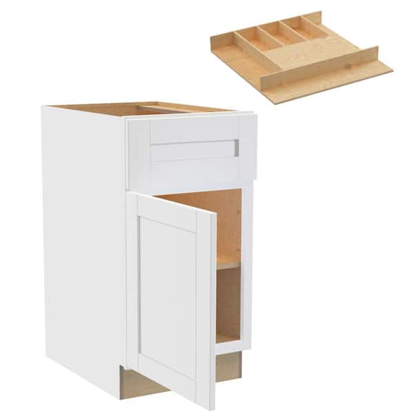 Home Decorators Collection Washington 18 in. W x 24 in. D x 34.5 in. H Vesper White Plywood Shaker Assembled Base Kitchen Cabinet Left Cutlery Tray