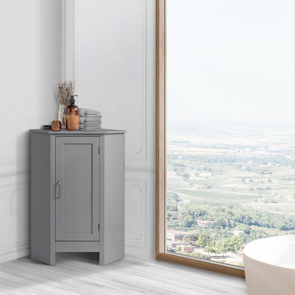 Mercer Mid-Century Modern Gray Corner Cabinet with Brass Pull