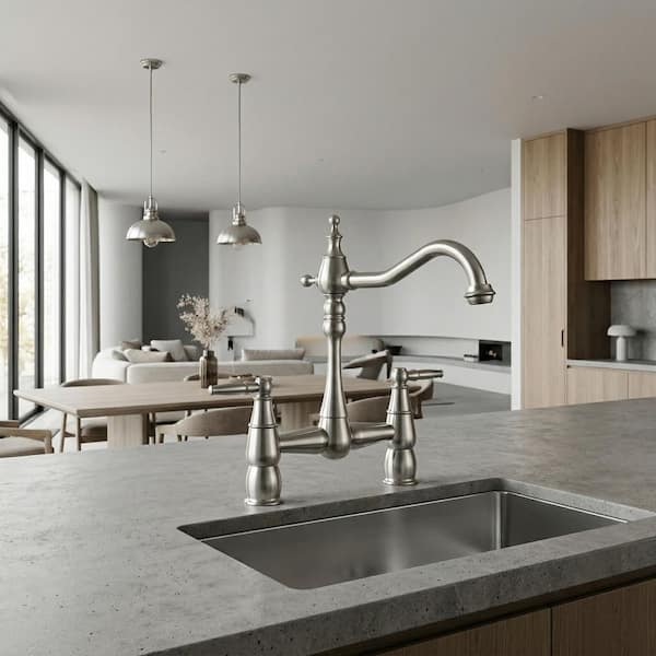 Vintage 2-Handle High Arc Bridge Kitchen Faucet with Hole Cover in Brushed Nickel