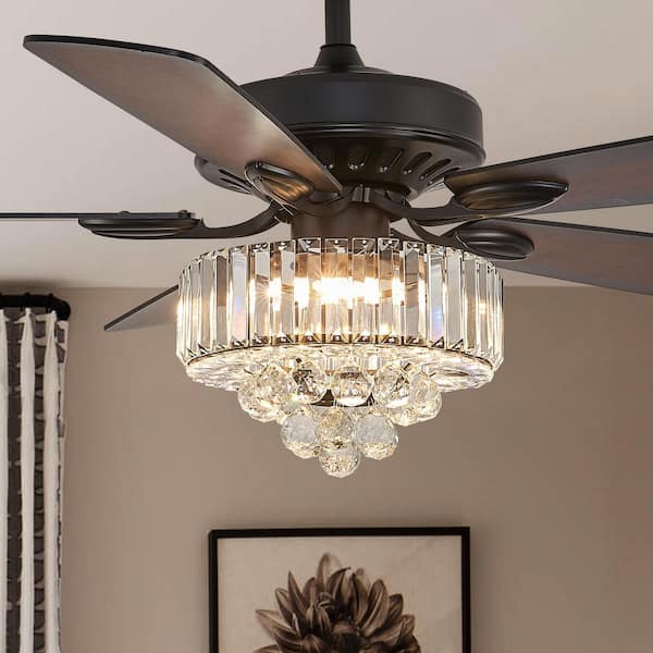 52 in. Smart Indoor Black Crystal Chandelier Ceiling Fan with Dimmable Intergrated LED Included 2 Downrods