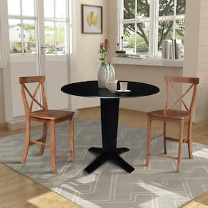 Aria Black/Distressed Oak Solid Wood 42 in. Round Counter-Height Pedestal Dining Table and 2 X-Back Stools Seats 2