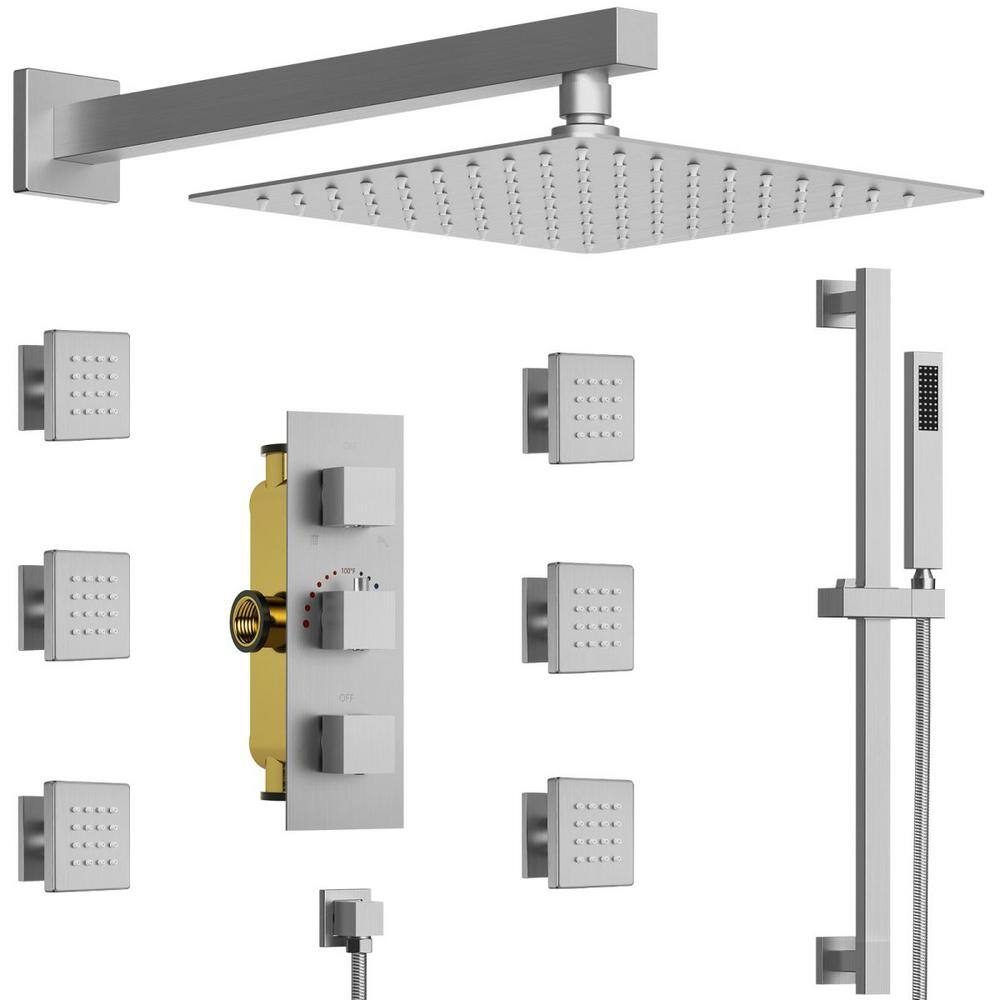 GRANDJOY Thermostatic Valve 5Spray Wall Mount 12 in. Fixed and
