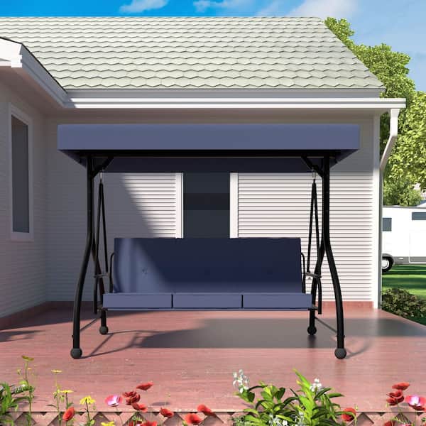3-Person Metal Patio Swing with Converting and Adjustable Canopy and UV Resistant Cushions in Navy Blue