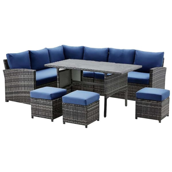 homfan 7-Piece Wicker Outdoor Sectional Set with Cushion Navy Blue, Ottomans