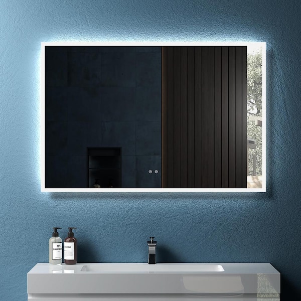 FAMYYT 48 in. W x 32 in. H Rectangular Frameless LED Backlit Light Anti-Fog Wall Bathroom Vanity Mirror in White