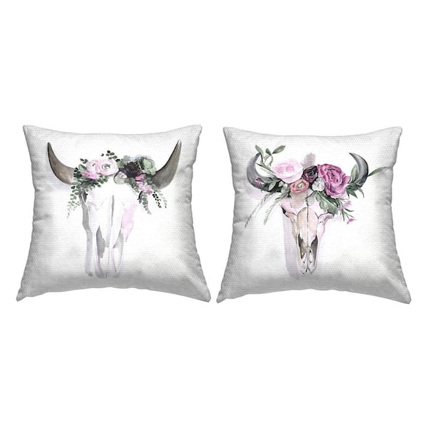 Stupell Industries Boho Cattle Skull Floral Garlands Pink Square Outdoor Throw Pillow 2-Pack