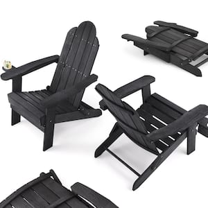 Black Foldable Plastic Outdoor Patio Adirondack Chair with Cup Holder for Garden/Backyard/Firepit/Pool/Beach (Set of 4)
