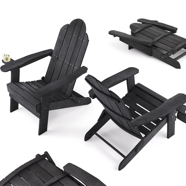 Black Foldable Plastic Outdoor Patio Adirondack Chair with Cup Holder for Garden Backyard Firepit Pool Beach Set of 4