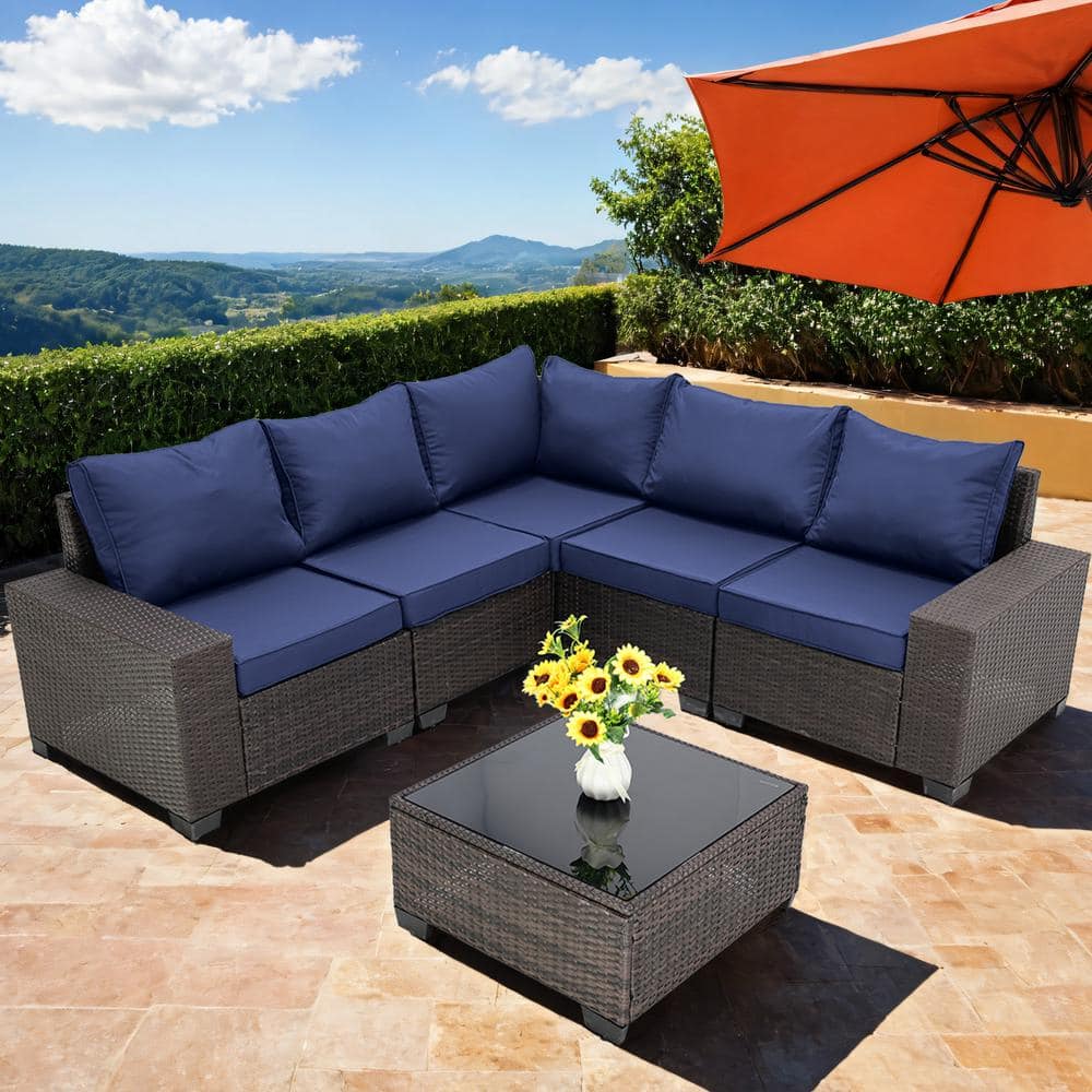 6-Pieces Brown Wicker Outdoor Sectional Set with Dark Blue Cushions and Cof