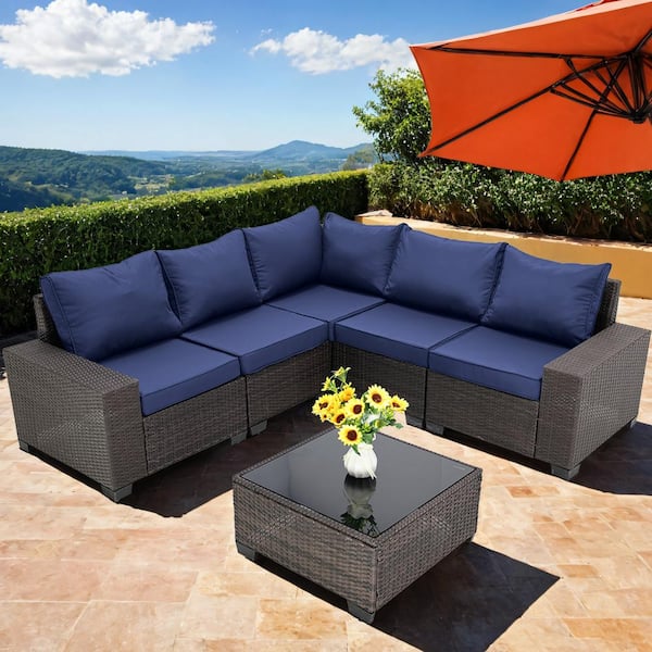 Unbranded 6-Pieces Brown Wicker Outdoor Sectional Set with Dark Blue Cushions and Coffee Table