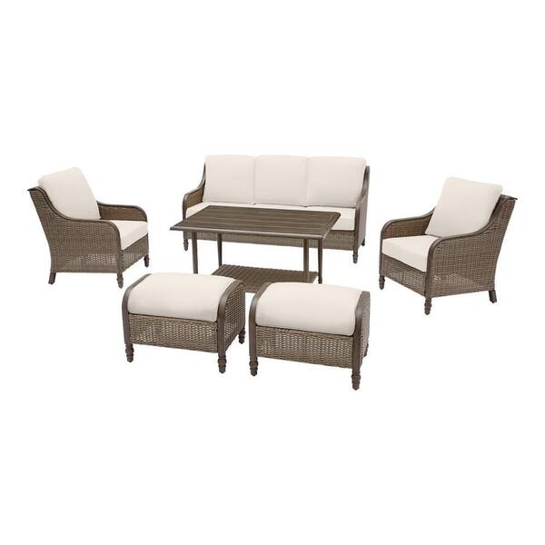 Hampton Bay Windsor 6 Piece Brown Wicker Outdoor Patio Conversation Seating Set With Cushionguard Almond Tan Cushions A201001501 Cgab - Home Depot Patio Furniture Without Cushions
