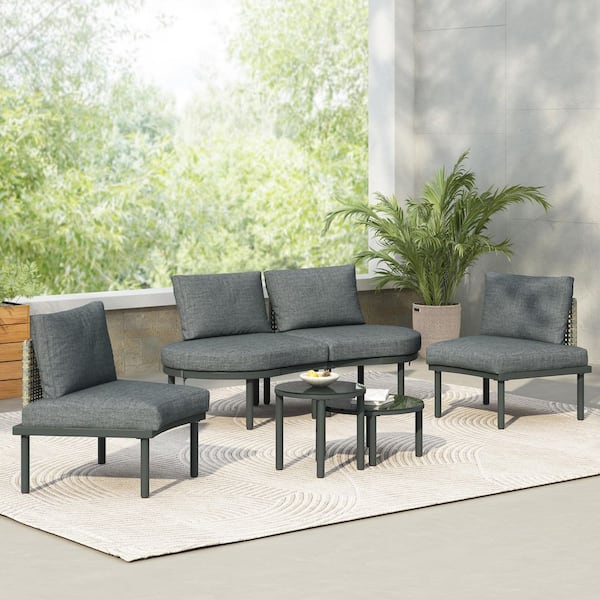 Unbranded Gray 6-Piec Wicker Metal Patio Conversation Set Outdoor Sectional Sofa and Chair with Cushions and Tow Coffee Tables