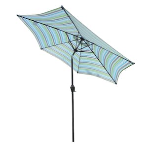 9 ft. Stripes Market Table Umbrella with Push Button Tilt and Crank in Blue Umbrella Base is not Included