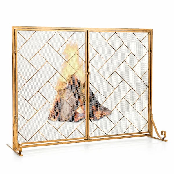 SUNRINX Gold Wrought Iron 2-Panel Fireplace Screen with Doors