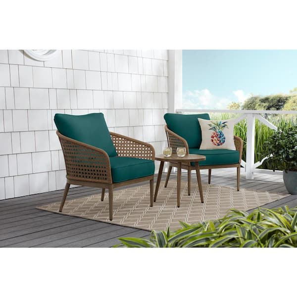Hampton Bay Coral Vista 3-Piece Brown Wicker Outdoor Patio Bistro Set with CushionGuard Malachite Green Cushions
