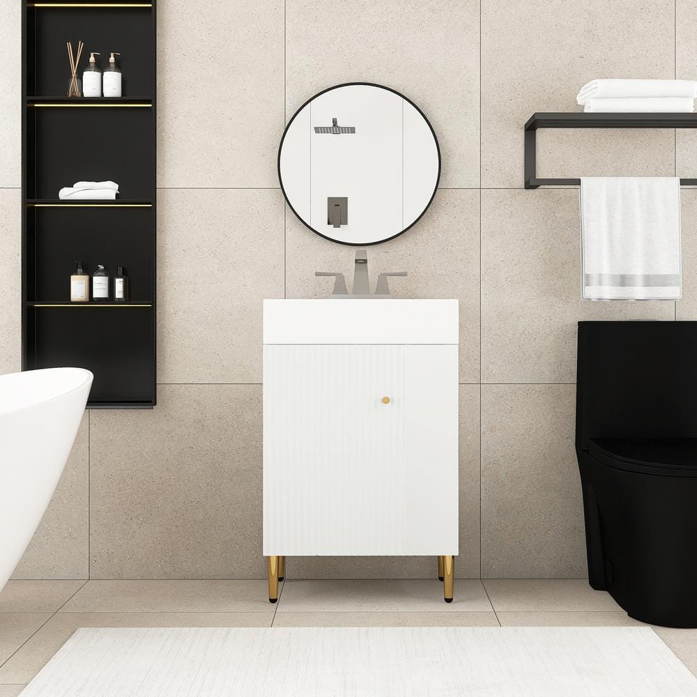 21.6 in. White Freestanding Bath Vanity with Ceramic Top and Right Side Storage