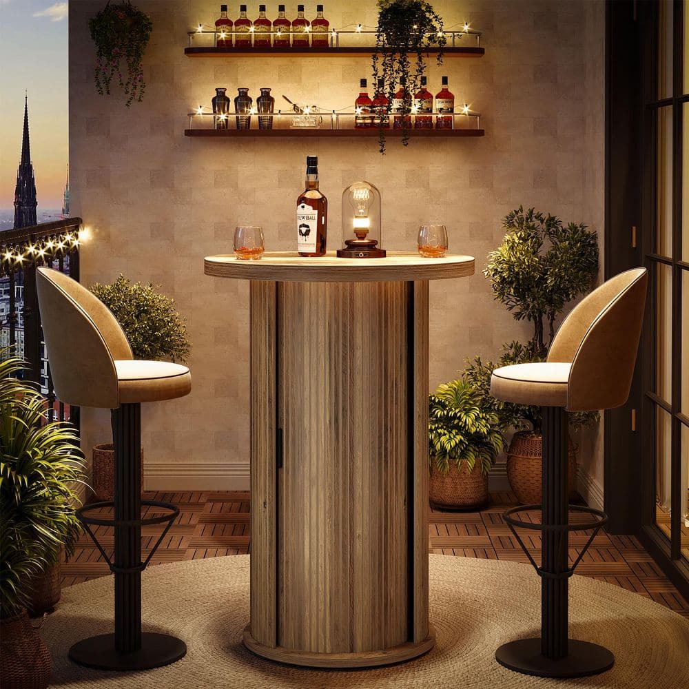 BYBLIGHT Kearsten Wooden Round Bar Table with 3-Tier Hidden