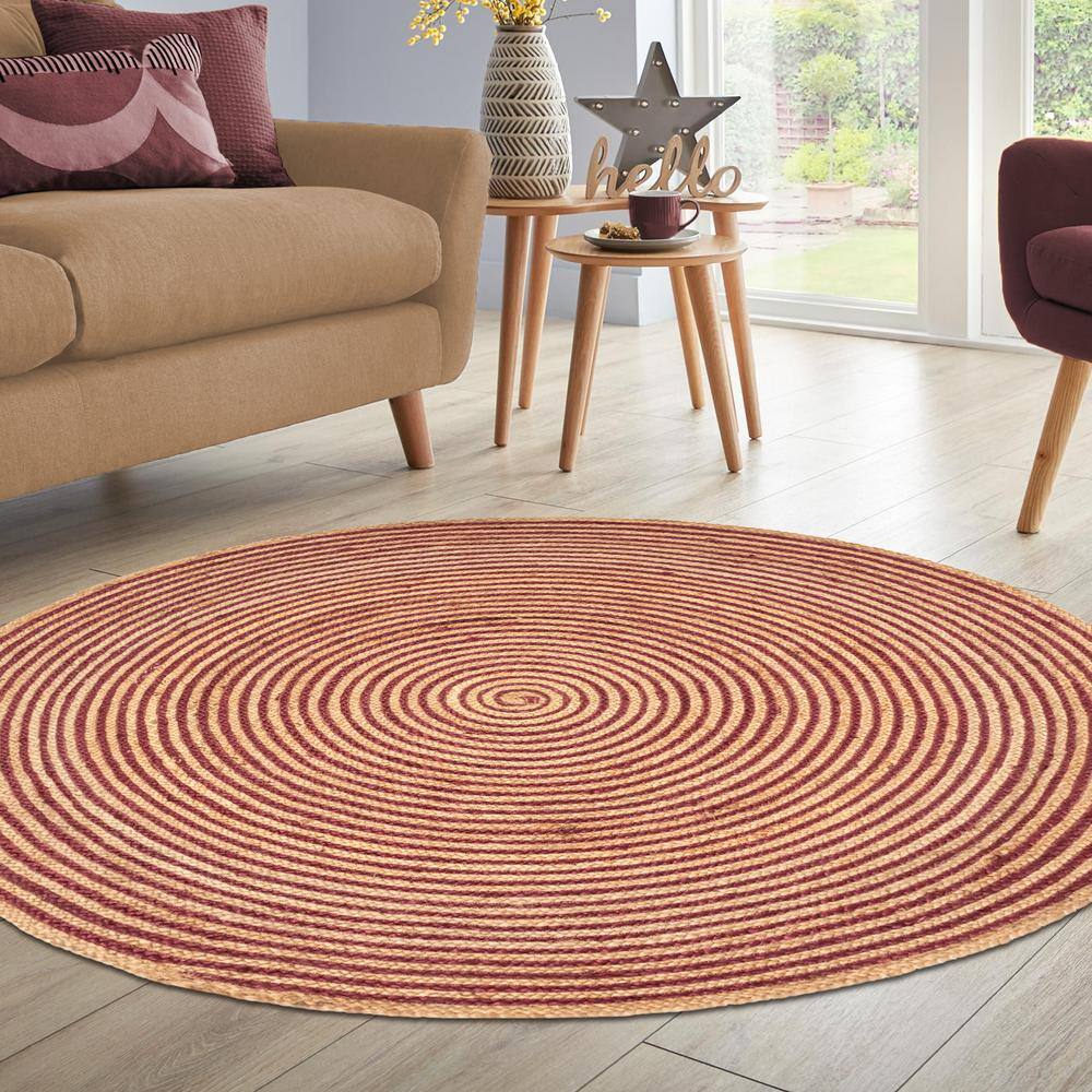 Braided Burgundy and Natural Jute Round Area Rug, 8'