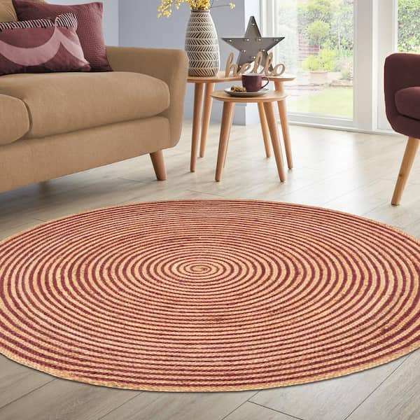 Braided Burgundy 8 ft. Round Transitional Reversible Jute Area Rug