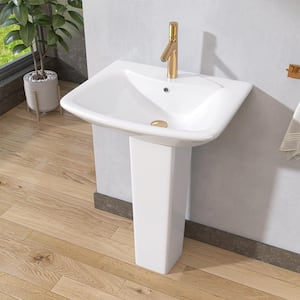 24 in. W x 19 in. D Vitreous China U-Shaped Vessel Sink with Single Faucet Hole Pedestal Combo Bathroom Sink in White