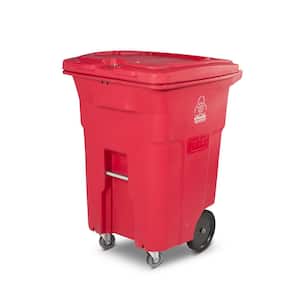 96 Gal. Red Hazardous Waste Trash Can with Wheels and Lid Lock (2 Caster Wheels 2 Stationary Wheels)