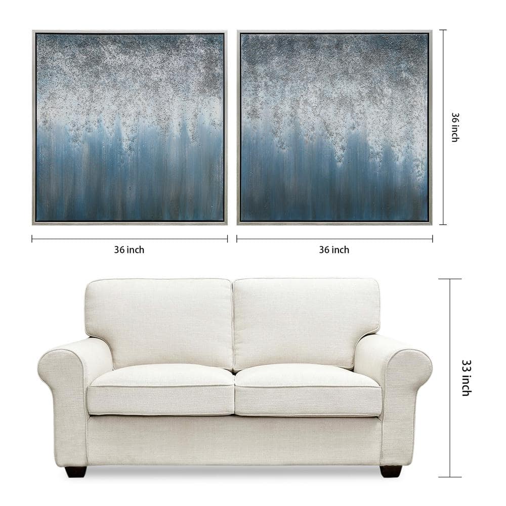 Large Blue and Silver Abstract Canvas Painting with Metallic Accents