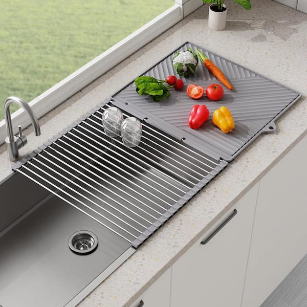 Adrinfly Roll-Up Stainless Steel Dish Rack (Black)-Space-Saving 2-in-1 Dish Rack