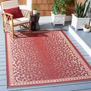Courtyard Red/Beige Doormat 3 ft. x 5 ft. Border Cheetah Indoor/Outdoor Area Rug
