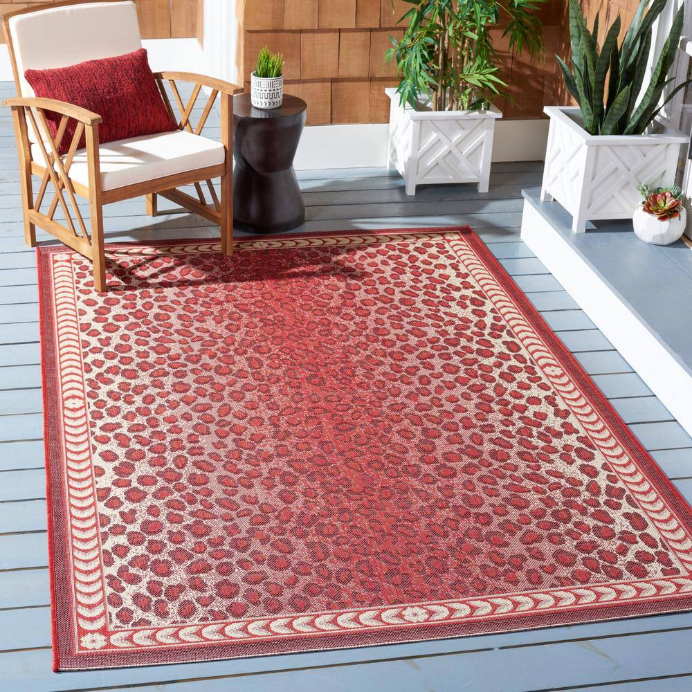 Red and Beige Rectangular Synthetic Indoor/Outdoor Rug