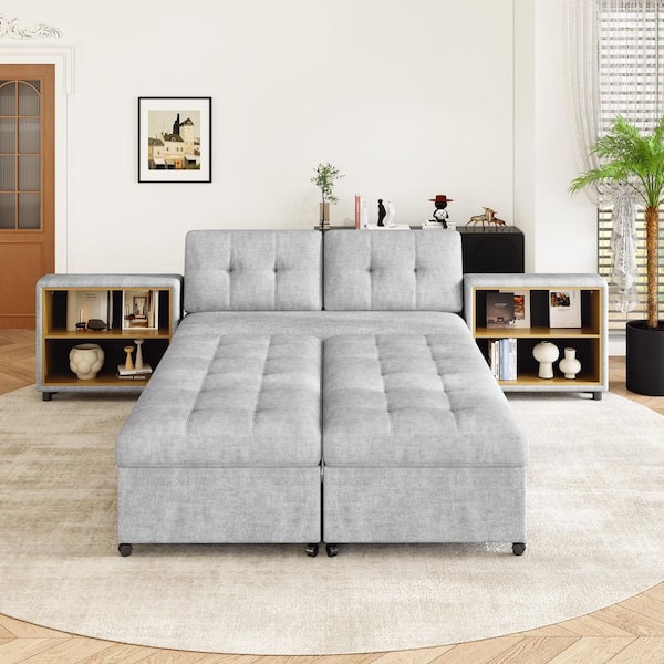 121.2 in. Versatile Sofa Bed Modular Free-combined Chenille 4 Seat Sectional Sofa in Gray with 2 Storage Racks