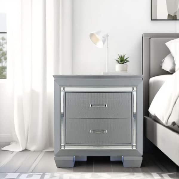 Benjara Gray 2-Drawer 17 in. Mirror Accented Nightstand