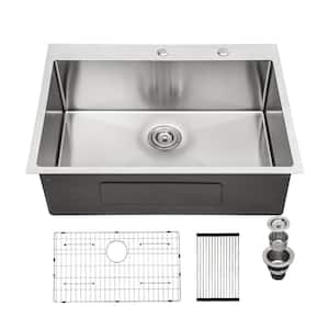 25 in. Drop-In Single Bowl 16-Gauge Gunmetal Black Stainless Steel Kitchen Sink with Bottom Grids and Drying Rack