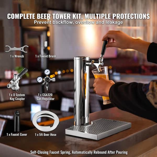 Kegerator Tower Kit, Single Tap Beer Dispenser, Stainless Steel Keg Tower with Dual Gauge CGA320 Regulator, Silver