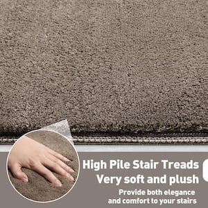 Plush Brown 9.5 in. x 30 in. x 1.2 in. Bullnose Polyster Carpet Stair Tread Cover With Landing Mat Tape Free Set of 15