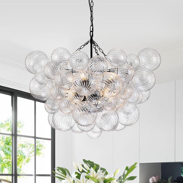 Y'INSP 8-Light Black Bubble Globe Cluster Chandelier Ribbed Glass Hanging Pendant Light Fixture Swirled Glass Ceiling Light