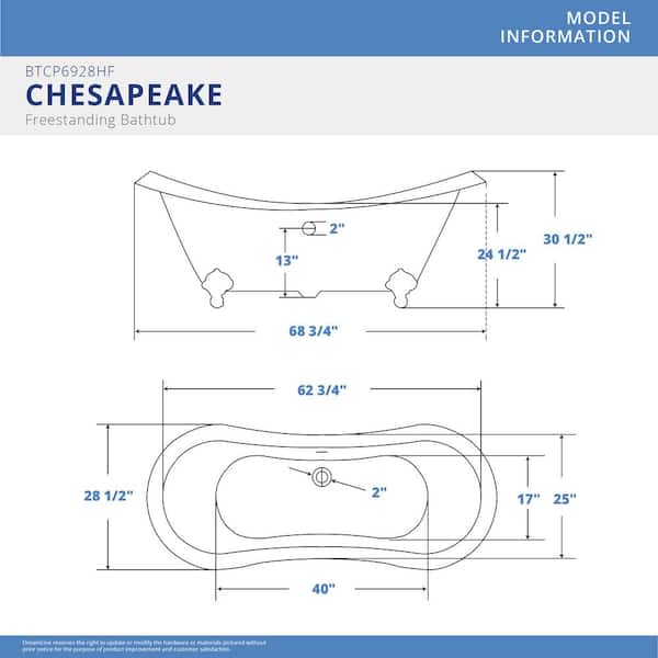 Chesapeake 69 in. x 29 in. Acrylic Clawfoot White Bathtub with Brushed Nickel Drain