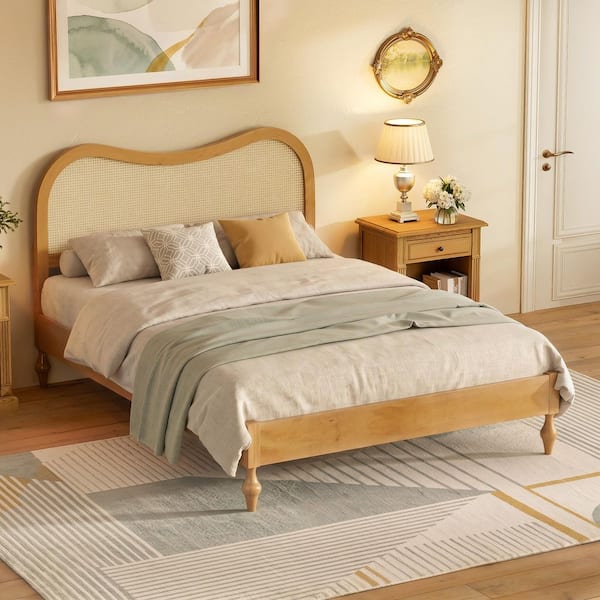 Mid-Century Modern Natural Brown Wood Frame Queen Platform Bed with Curved Wicker Headboard