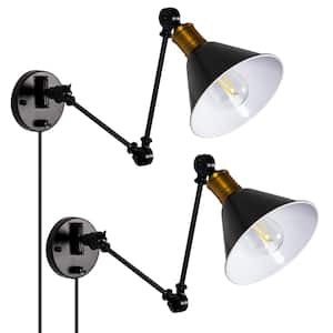 11 in 1-Light Black Plug-In or Hardwired Industrial Adjustable Swing Arm Wall Sconce for Bedroom Living Room (Set of 2)