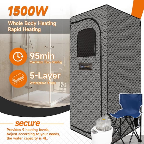 1-Person Indoor Gray Portable Sauna for Home with Sauna Heater, Tent, Chair, Remote