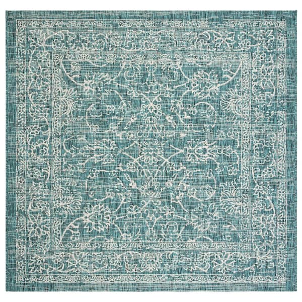 Courtyard Turquoise 5 ft. x 5 ft. Square Border Indoor/Outdoor Patio  Area Rug