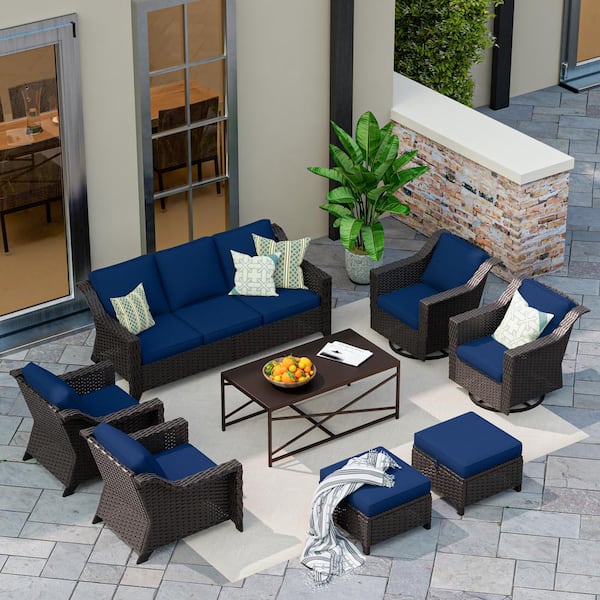 MeetLeisure 8-Piece Wicker Outdoor Patio Conversation Set Swivel Rocker Chairs with Blue Cushions