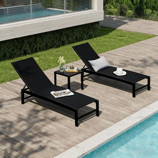 Patio 3-Piece Poolside All-Weather Adjustable Metal Outdoor Chaise Lounge Chair in Black with Side Table