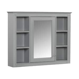 35 in. W x 27.5 in. H Rectangular Wood Medicine Cabinet with Mirror and Open Shelves in Grey, Height Adjustable
